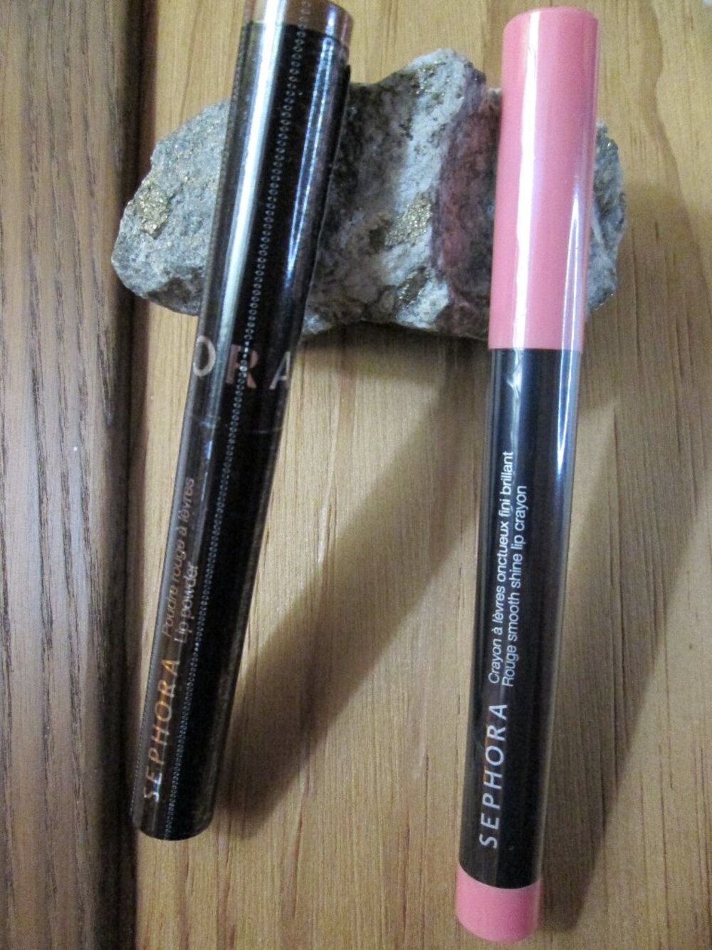Sephora Lip Colors:  Shine Lip Crayon in que bella and brown-ie Lipstick Powder